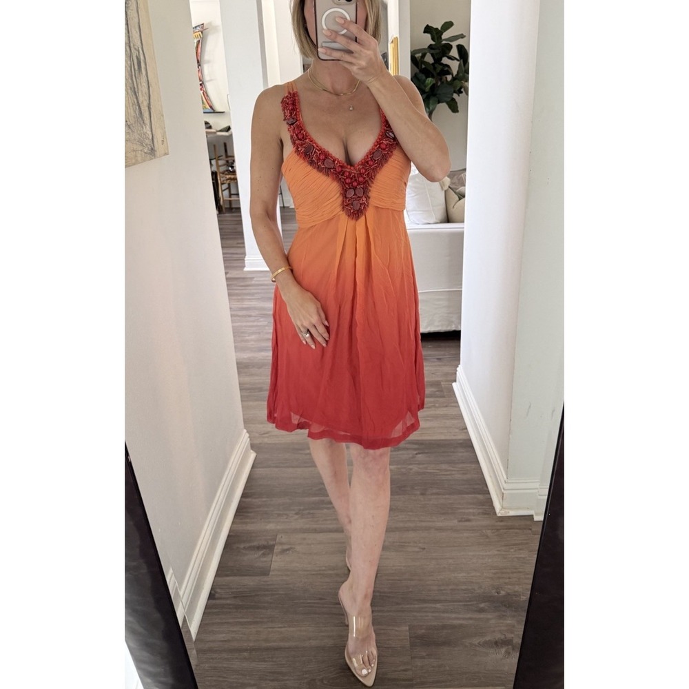Vintage Y2K 2000s Sue Wong Silk Coral Beaded Red Orange Ombré Dress Pleats Sz 8
